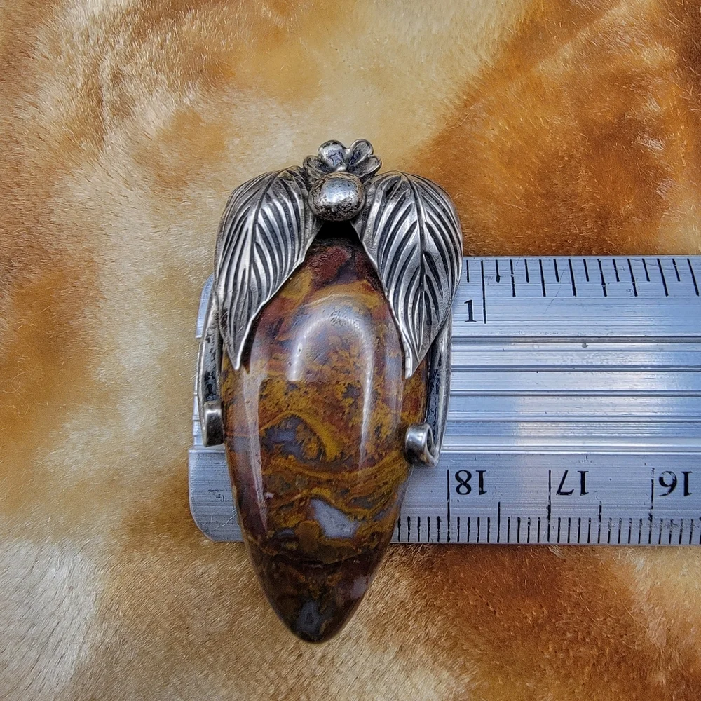 Vintage 925 Sterling Silver Unsigned Moss Mexican Fire Agate Large  Pendant #179